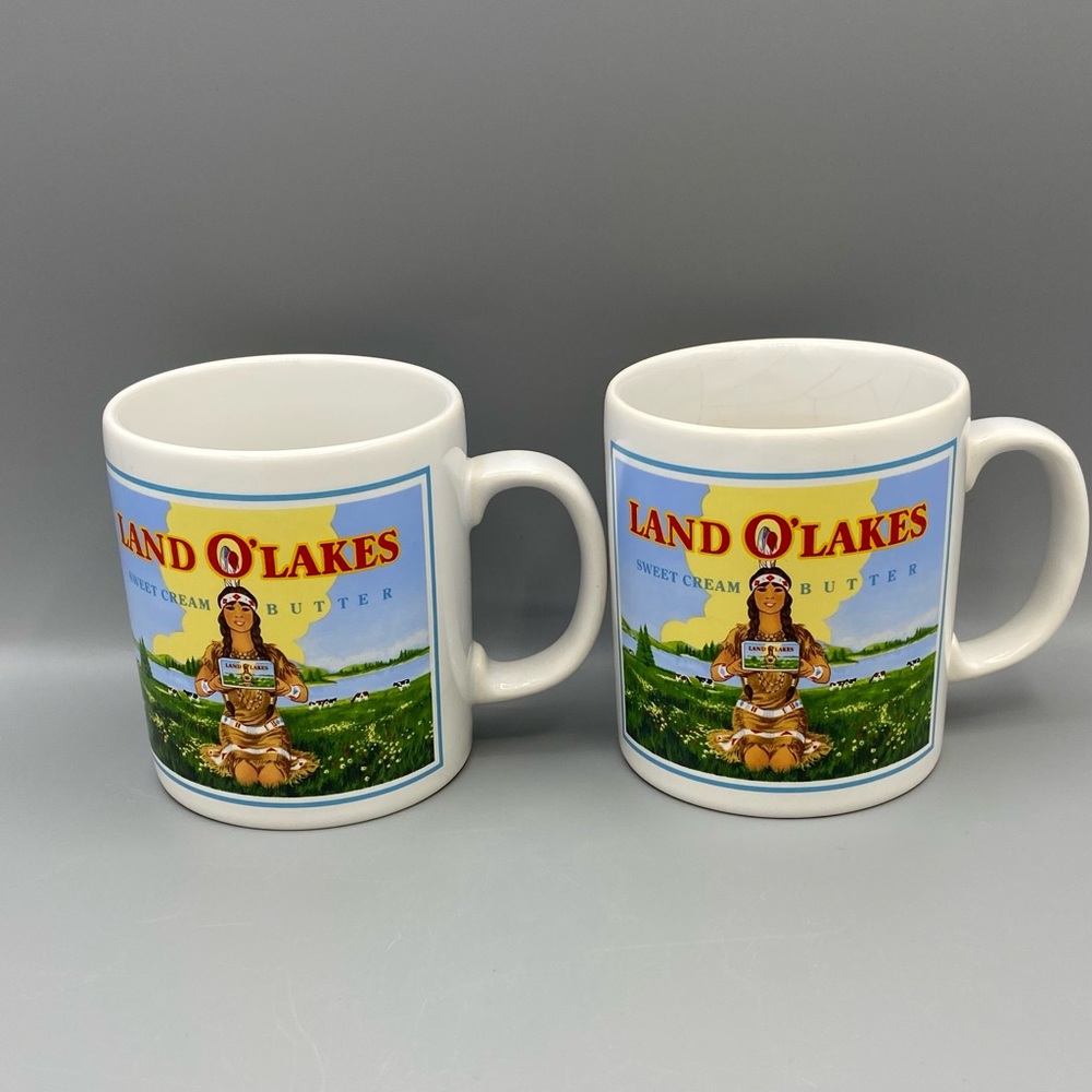 Land O Lakes Mug Vintage Coffee Tea Native American Maiden Retired Set Of 2 Flaw